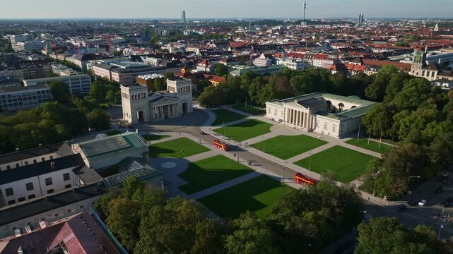 Aerial view of the Propylaea on K&ouml;nigsplatz in Munich, Germany, a neoclassical gate inspired by ancient Greece, part of a historic square. 30 September 2024.