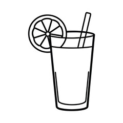 Summer cocktail garnished with lemon slice on sunny beach on white background Line art