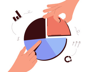 Goals, objectives, plans. Human hands control, taking pieces of muclticolored diagram isolated on light background