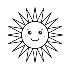 Sun rays shining with smiling face and rosy cheeks on white background Line art