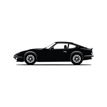 Classic Datsun 240Z Silhouette Vintage Japanese Sports Car Black and White Vector Illustration
