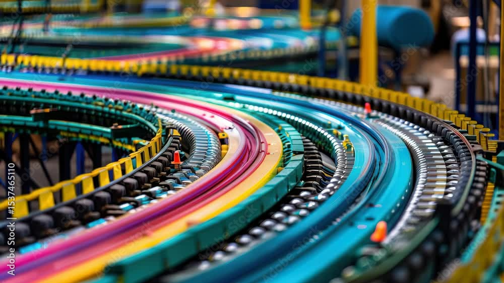 Aufkleber colorful conveyor belt system showcasing intricate design and smooth operational flow in a busy manu