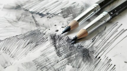 Close-up of several pencils on a grey sketched background.