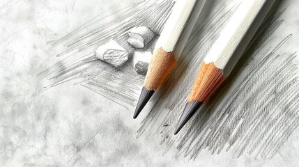 Close-up of several pencils on a grey sketched background.