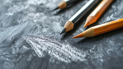 Close-up of several pencils on a grey sketched background.