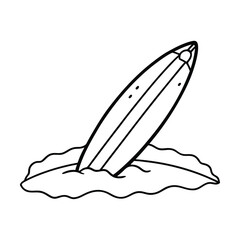 Surfboard stuck in soft sand ready for ocean fun on white background Line art
