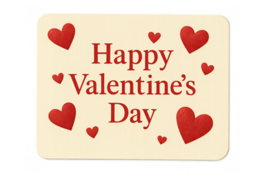Minimalist valentine's greeting card displaying red hearts on beige backdrop, transparent overlay creating contemporary design aesthetic