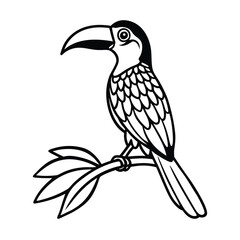 Tropical bird perched on leafy branch in jungle scene on white background Line art