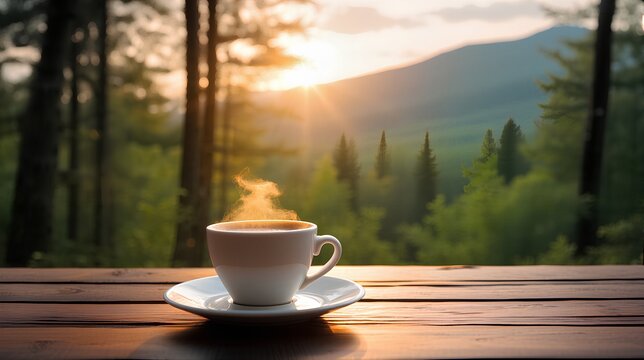 a morning coffee with beautiful mountain and forest landscape as background.| camping and travel concept,  Inspiration, Energy, Motivation, Positive Vibes, Tranquility, Calm, Peace