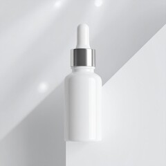 White Cosmetic Bottle with Silver Dropper on Geometric Background