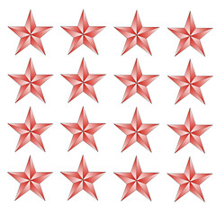 Obraz premium A pattern of 16 glossy red 3D stars arranged in a 4x4 grid on a white background, each star having five symmetrical points with a metallic shine