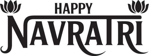 Happy Navaratri festival text with lotus flower embellishments, traditional Indian holiday typography