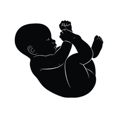 Fetal Position Silhouette Black and White Vector Illustration of Baby in Utero