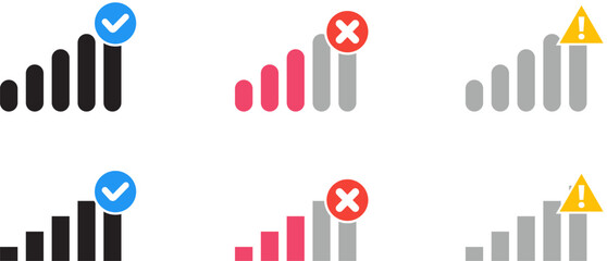 Mobile network signal bar icon bundle with check, cross, and warning indicators. Vector icon set for UI, web, apps, infographics, presentations, and digital projects.