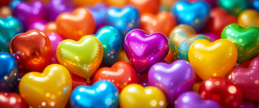 Colorful Glowing Rainbow Heart Balloons – Love, Pride, and Celebration Background Concept - Powered by Adobe