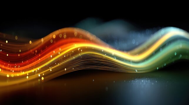 Bright waves of colored light flow gracefully across a dark background, creating an enchanting atmosphere. Faint glimmers enhance the artistic experience.