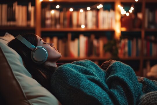 A cozy library nook with a person listening to an audiobook through wireless headphones, surrounded by bookshelves and warm lighting, Literary escape scene