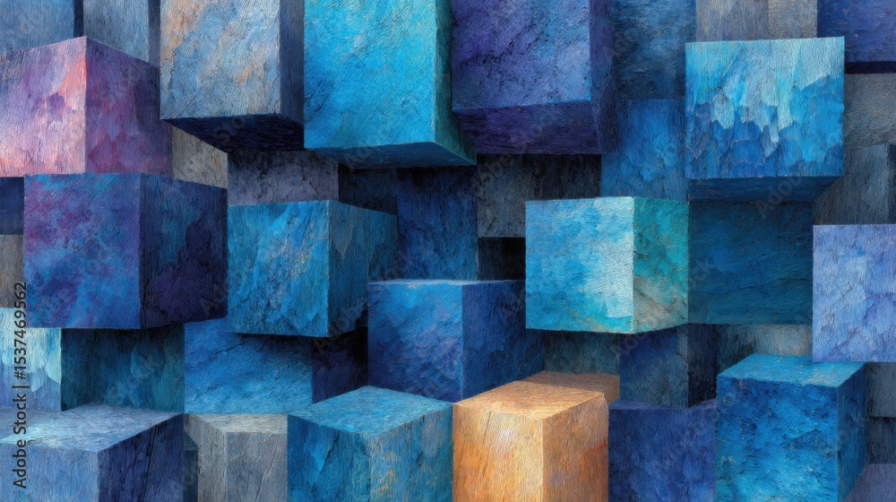 Poster an array of textured blue cubes is stacked and arranged in an abstract design, highlighting various 