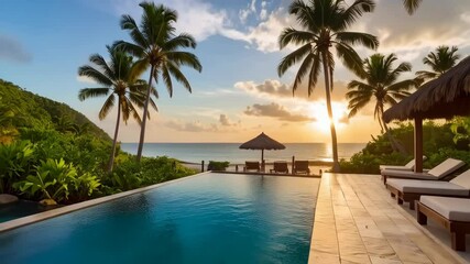 Luxurious tropical resort view overlooking infinity pool, ocean, palm trees at scenic sunset, relaxation and getaway vibe