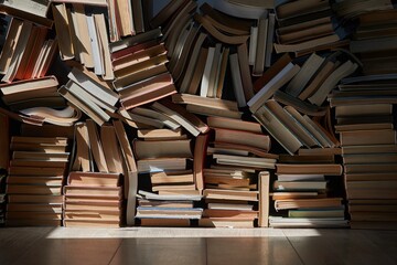 Wall of books piled up in the attic