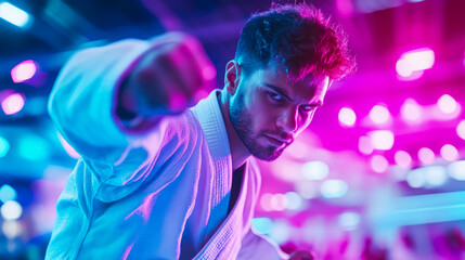 Intense Martial Art Practice: Dynamic Fist Strike in Neon Arena