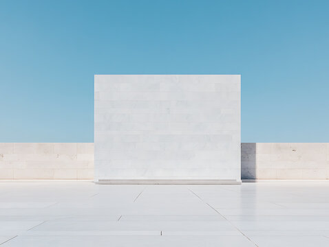 Minimalist Architecture: a white facade against a clear blue sky. Clean, modern design with simple geometry and neutral colors evoking serenity.