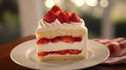 Delicious Strawberry Shortcake Slice on White Plate with Cream