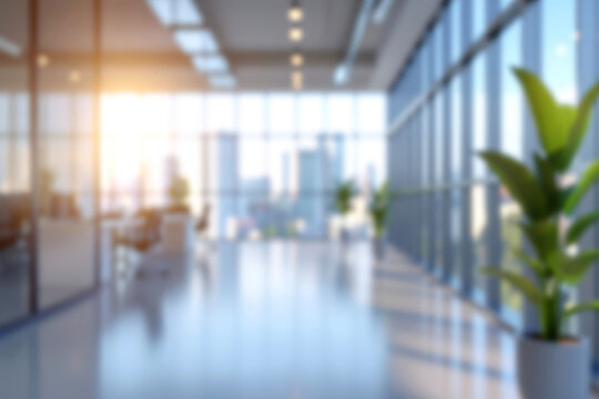 blurred for background. office building interior, empty hall in the modern office building. empty open space office. panoramic windows and beautiful lighting. Corporate Workspace,  Business Interior