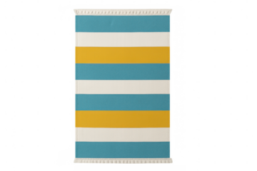 Beach towel with blue, white and yellow stripes isolated on transparent background, perfect for summer projects
