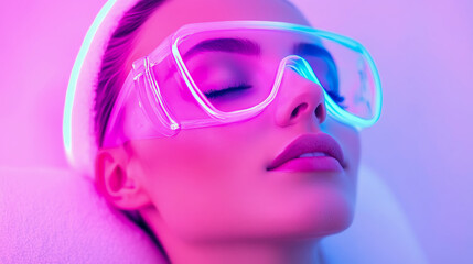 Woman receiving light therapy treatment with protective glasses, modern beauty wellness concept