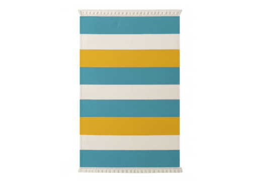 Beach towel with blue, white and yellow stripes isolated on transparent background, perfect for summer projects