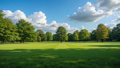 Fototapeta premium Summer green fields meet blue skies with clouds, a serene rural landscape