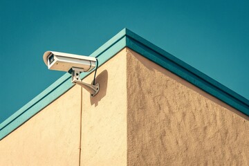 Security camera on beige building corner with teal trim