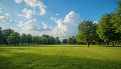 Summer green fields meet blue skies with clouds, a serene rural landscape