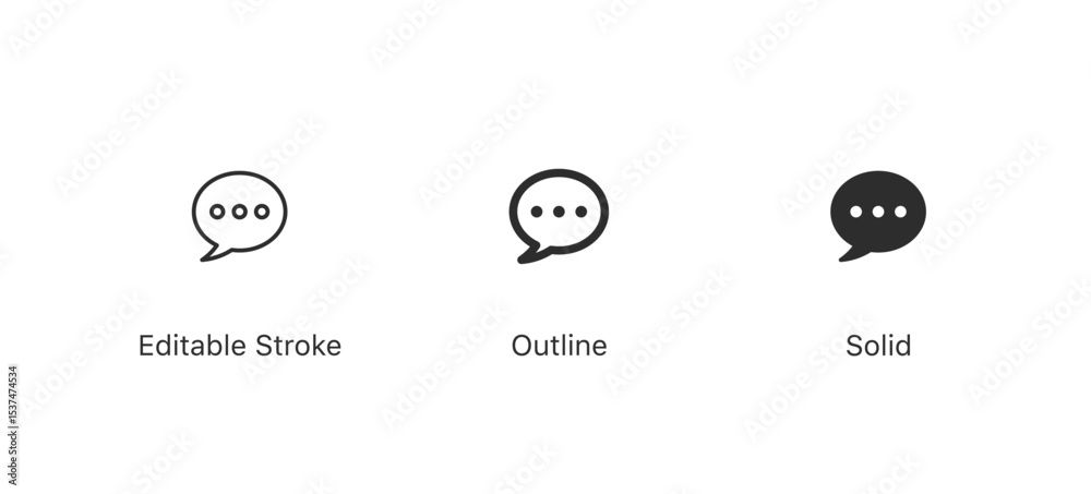 Poster chat speech bubble icon with three dots | talking bubble speech with typing dots icon | for for messaging, typing, conversation and communication | editable stroke, outline, and solid icons