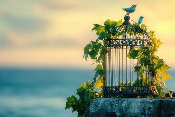 Obraz premium A vintage birdcage adorned with lush ivy and two delicate blue birds sits peacefully by the sea at sunset.