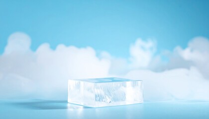 Icy Cube on Blue Cloud Background