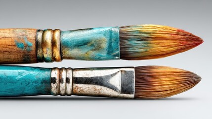 Fototapeta premium education art inspiration Two artist paintbrushes with distinct textures and colors highlighting their details and craftsmanship.