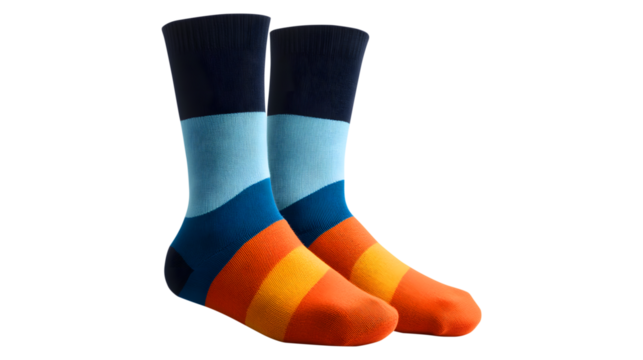 A pair of vibrant multi-colored socks displayed against a clean white background showing colorful design detail.