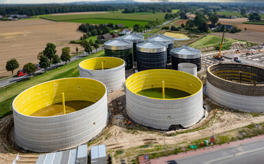 Neubau einer modernen Biogasanlage, Großbaustelle aus der Vogelperspektive - Luftbild..
