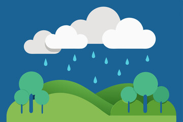 Obraz premium Serene Rainy Landscape Clouds, Rain, and Rolling Hills Illustration