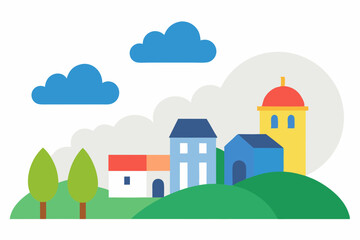 Charming Village Landscape Hills, Houses, and a Sunny Sky