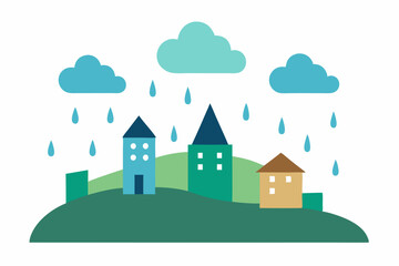 Charming Rainy Day Village Illustration Houses, Clouds, and Raindrops