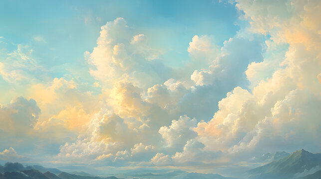 Majestic skies painted with clouds of gold and white soaring over a mountainous landscape in the afternoon