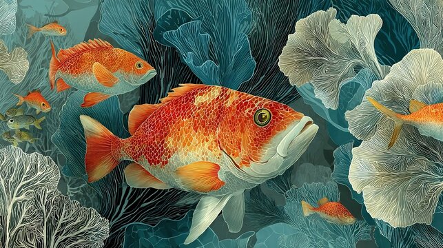  Goldfish in Seaweed - Oil on canvas, 24x36 inches, vibrant blue background