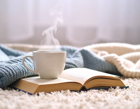 Rinc&oacute;n de lectura con manta, taza y libro abierto