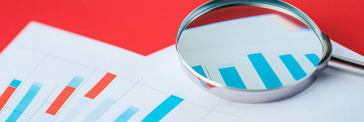 Magnifying Glass and Chart: Analyzing Business Data and Statistics. Reviewing trends, investments, and financial growth. Red background for emphasis.