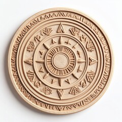 Obraz premium Circular Carved Wooden Coaster with Geometric Pattern