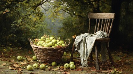 Basket of Apples Beside an Empty Chair in a Serene Autumn Garden Setting