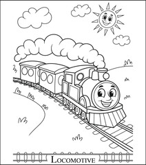 Cartoon Locomotive Coloring Page with Smiling Sun and Clouds in Black and White